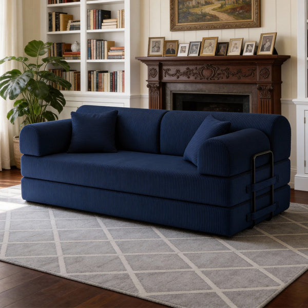 English Elm Convertible Corduroy Floor Sofa Folds Flat as Sleeper Daybed for Studio Living Blue W5532P438821