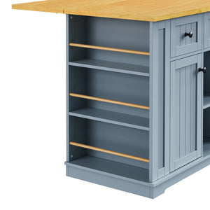 English Elm K&K 53" Large Kitchen Island with 2 Stools, Built-In Power Station, Wheels, Drop Leaf & Ample Storage Grey-Blue N707S000007G