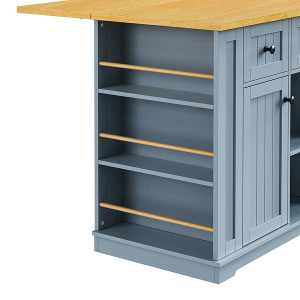 English Elm K&K 53" Large Kitchen Island with 2 Stools, Built-In Power Station, Wheels, Drop Leaf & Ample Storage Grey-Blue N707S000007G