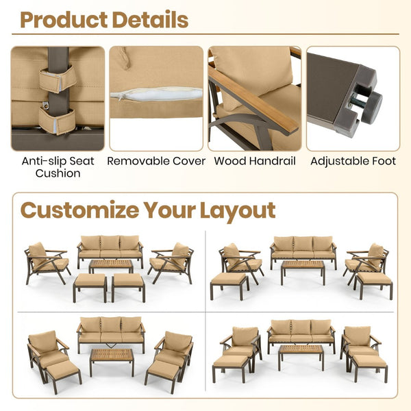 English Elm 6-piece Outdoor Conversation Set with Acacia Wood Accents and Steel Frame Patio Seating Brown N704G201256D