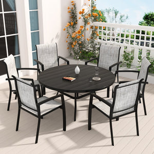 English Elm 7-Piece Patio Dining Set - Stylish Metal Round Table & 6 Stackable Textilene Chairs For Outdoor Fun! W213S00053