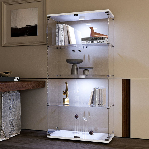 English Elm Tempered Glass Display Cabinet With Rgb Led Lights, Lockable Casters & Adjustable Feet In White W3155S00002-GIGA