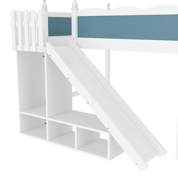 English Elm Full Loft Bed With Slide, Storage Shelves & Cabinet - Solid Wood Design For Fun & Organization! W1580S00246