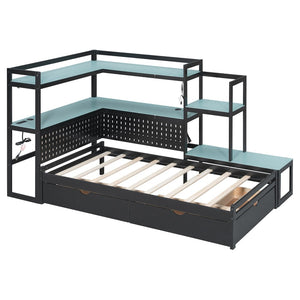 English Elm Twin Gaming Daybed with Led Strips Desk Pegboard Bookcase and Three Storage Drawers Black+Blue N820S00083C