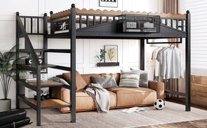 English Elm Full Size Metal Loft Bed with Stair Storage Shelves Bookshelf for Dorms Bedroom W1580S00378