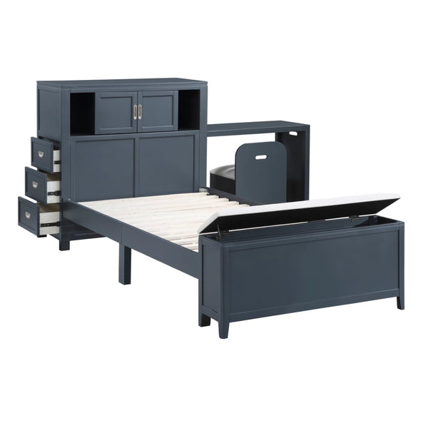 English Elm Gray Twin Platform Bed with Bookcase Headboard Hidden Desk Stool and Footboard Bench Navy Blue B011S02312