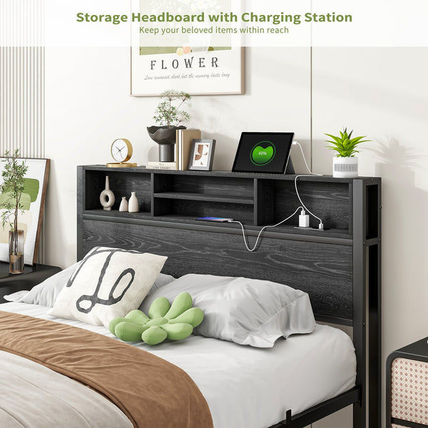 English Elm Full Size Bed Frame with Storage Headboard, Metal Platform with Charging Station, Silent, Sturdy, Black Storage Shelves and Under-Bed Space W840P241043