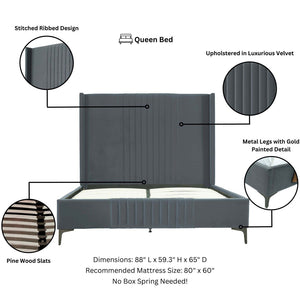 English Elm Promenade Upholstered Velvet Queen Bed - Luxurious Gray Design With Sturdy Support & Easy Assembly B365S00049-GIGA