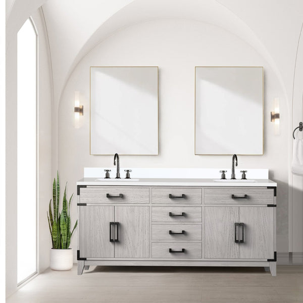 English Elm White Oak Double Bath Vanity 72" W With Elegant White Quartz Top & Ample Storage Solutions B2731P259907-GIGA
