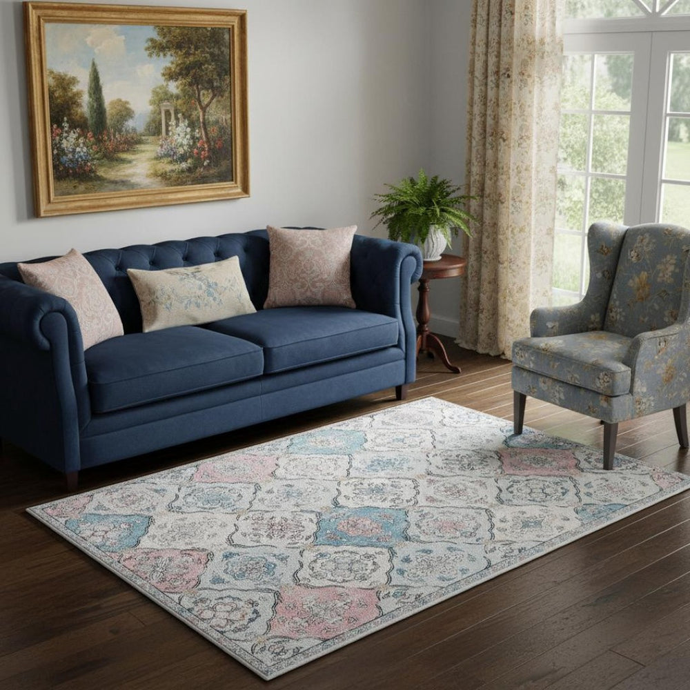 HomeRoots 6' Blue Pink and White Patchwork Distressed Area Rug - Washable, Durable, Stylish for High-Traffic Spaces 6' X 9' 712024