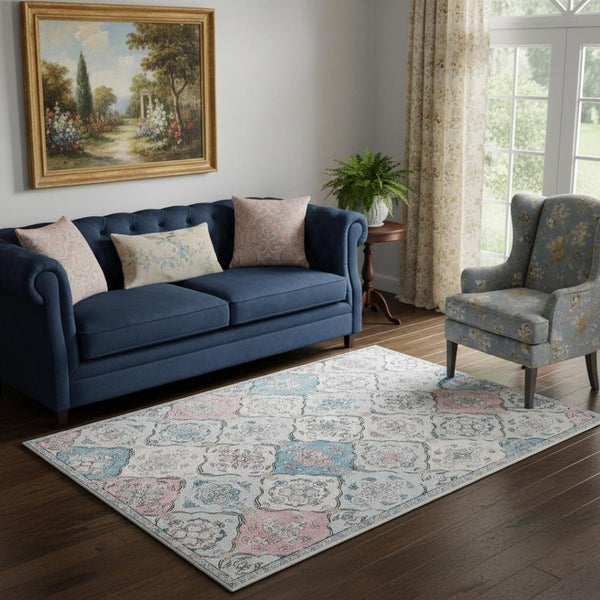 HomeRoots 6' Blue Pink and White Patchwork Distressed Area Rug - Washable, Durable, Stylish for High-Traffic Spaces 6' X 9' 712024