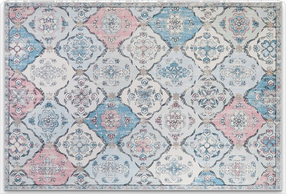 HomeRoots 6' Blue Pink and White Patchwork Distressed Area Rug - Washable, Durable, Stylish for High-Traffic Spaces 6' X 9' 712024