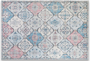 HomeRoots 6' Blue Pink and White Patchwork Distressed Area Rug - Washable, Durable, Stylish for High-Traffic Spaces 6' X 9' 712024