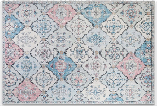 HomeRoots 6' Blue Pink and White Patchwork Distressed Area Rug - Washable, Durable, Stylish for High-Traffic Spaces 6' X 9' 712024
