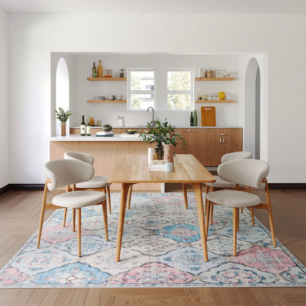 HomeRoots 6' Blue Pink and White Patchwork Distressed Area Rug - Washable, Durable, Stylish for High-Traffic Spaces 6' X 9' 712024
