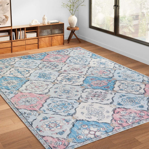 HomeRoots 6' Blue Pink and White Patchwork Distressed Area Rug - Washable, Durable, Stylish for High-Traffic Spaces 6' X 9' 712024