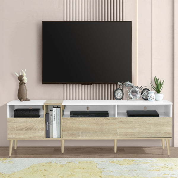 English Elm Modern TV Stand with 3 Drawers & 4 Open Shelves, 80" Media Console White+Wood, Cable Management, P2 Board N710P234108K