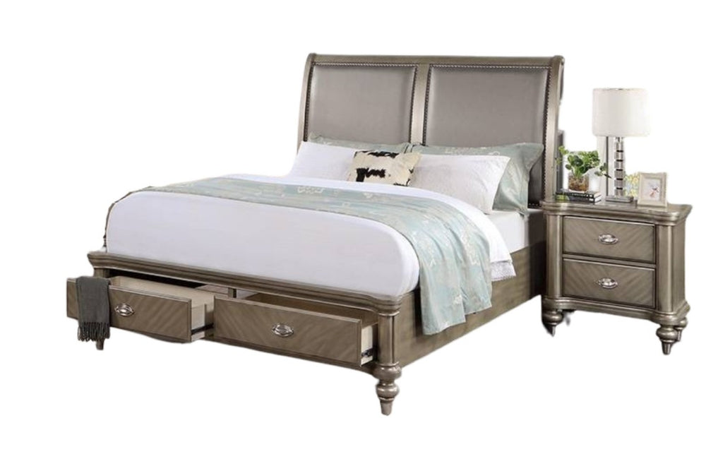 English Elm 1pc California King Faux Leather Panel Bed Glam Silver Trim Footboard Storage B011S02106