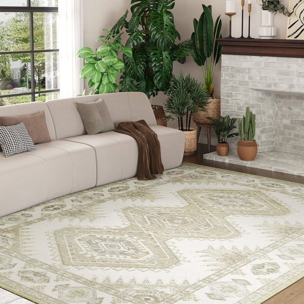 HomeRoots 8' Green and Ivory Southwestern Area Rug - Durable, Washable Design for High-Traffic Spaces 8' X 10' 712097