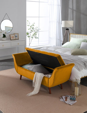English Elm Vintage Velvet Tufted Storage Bench Mid Century Button Seat Entryway Bedroom Footstool Brown+Yellow W2795P428655
