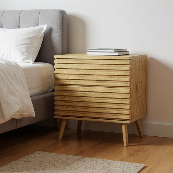 HomeRoots Set of Two Ribbed Solid Wood Nightstands - Modern Design with Soft-Close Drawers & Versatile Use 712107