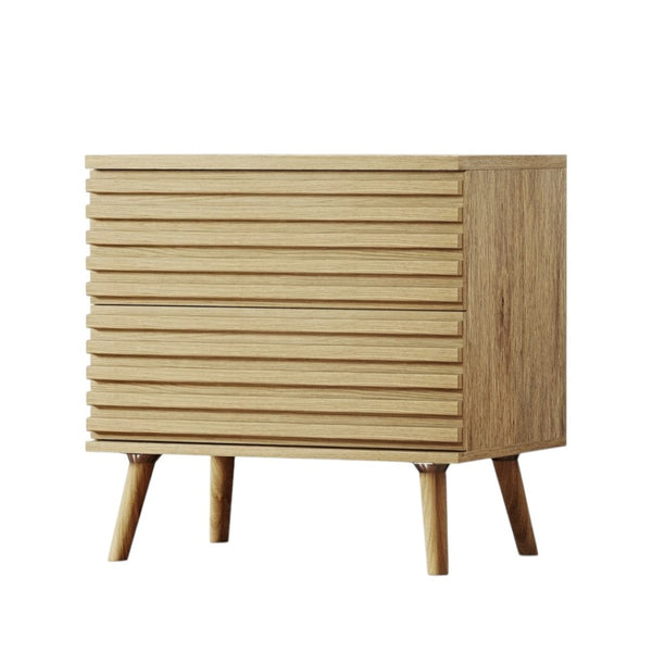 HomeRoots Set of Two Ribbed Solid Wood Nightstands - Modern Design with Soft-Close Drawers & Versatile Use 712107