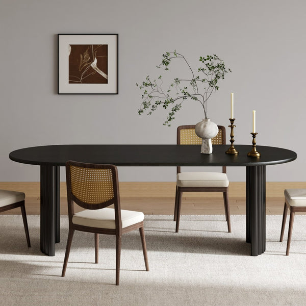 HomeRoots 79" Black Solid Wood Oval Dining Table with Mirrored Double Pedestals for Stylish Dining & Work 712132