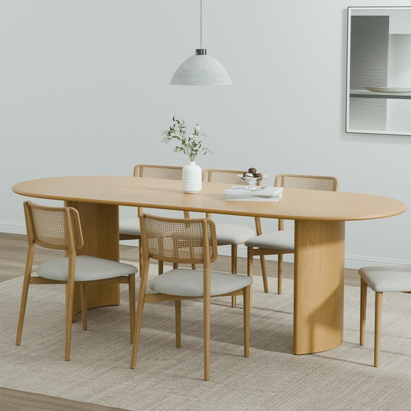 HomeRoots 79" Elegant Natural Oak Oval Dining Table with Mirrored Pedestal Base for Stylish Gatherings 712134