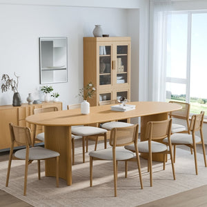 HomeRoots 79" Elegant Natural Oak Oval Dining Table with Mirrored Pedestal Base for Stylish Gatherings 712134
