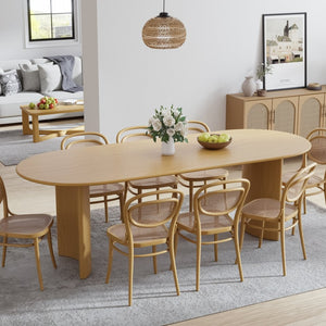 HomeRoots 79" Elegant Natural Oak Oval Dining Table with Mirrored Pedestal Base for Stylish Gatherings 712134