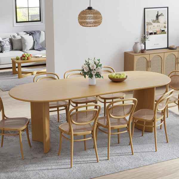 HomeRoots 79" Elegant Natural Oak Oval Dining Table with Mirrored Pedestal Base for Stylish Gatherings 712134