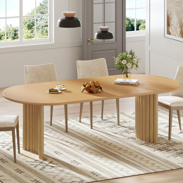 HomeRoots 79" Natural Solid Wood Oval Dining Table with Mirrored Double Pedestal Base for Elegant Dining Spaces 712135