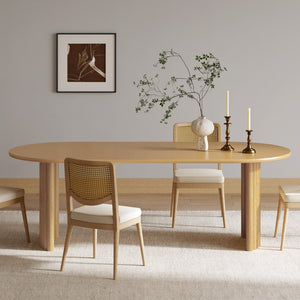 HomeRoots 79" Natural Solid Wood Oval Dining Table with Mirrored Double Pedestal Base for Elegant Dining Spaces 712135
