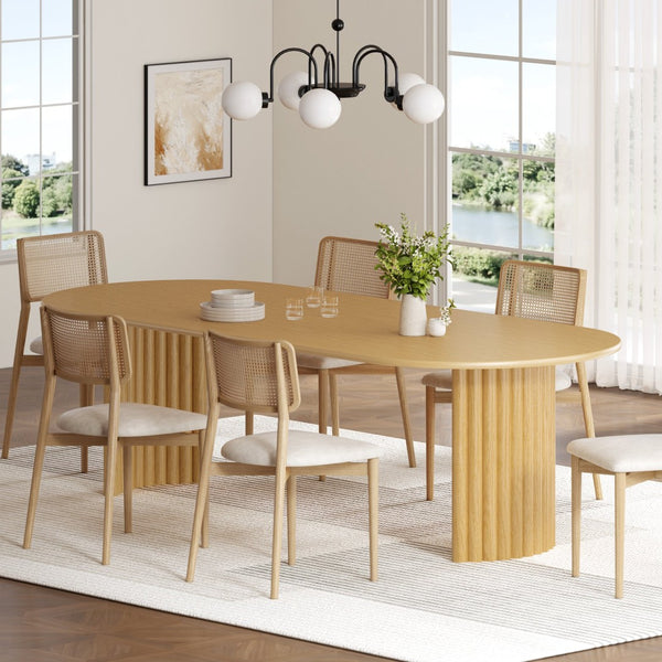 HomeRoots 79" Natural Solid Wood Oval Dining Table with Mirrored Double Pedestal Base for Elegant Dining Spaces 712135