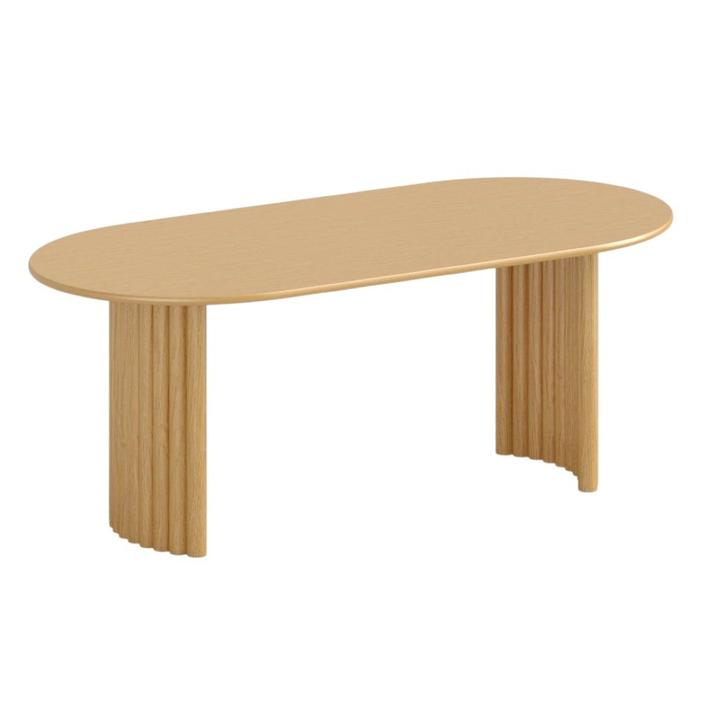 HomeRoots 79" Natural Solid Wood Oval Dining Table with Mirrored Double Pedestal Base for Elegant Dining Spaces 712135