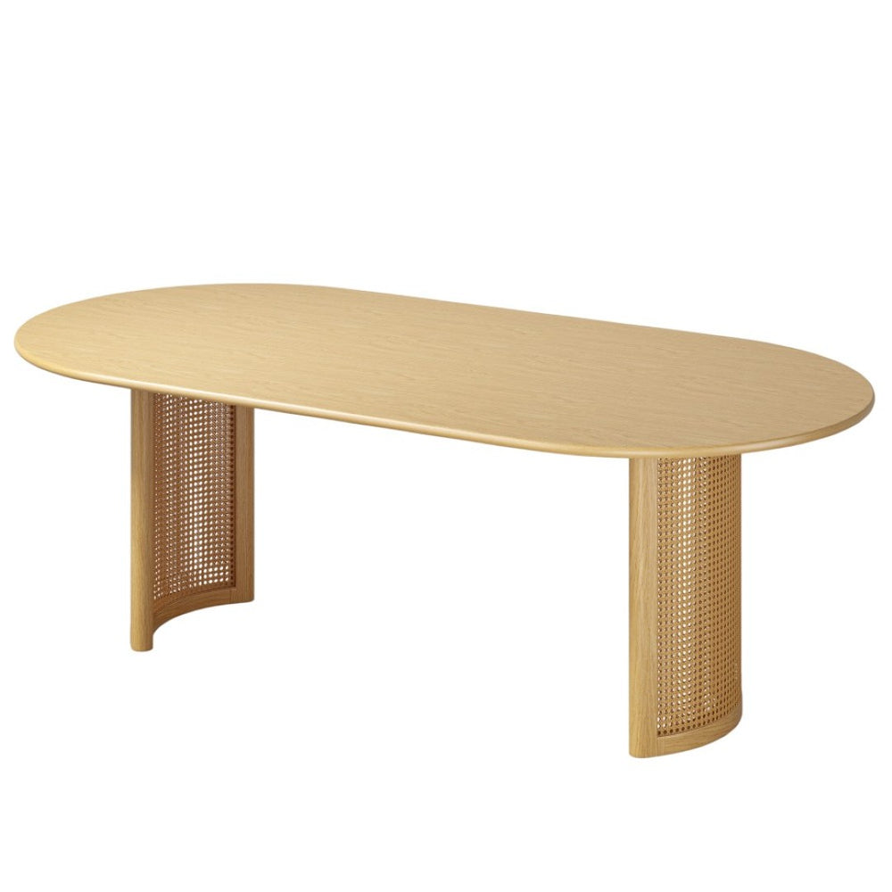 HomeRoots 79" Natural Solid Wood Oval Dining Table with Mirrored Double Pedestal Base for Elegant Gatherings 712136