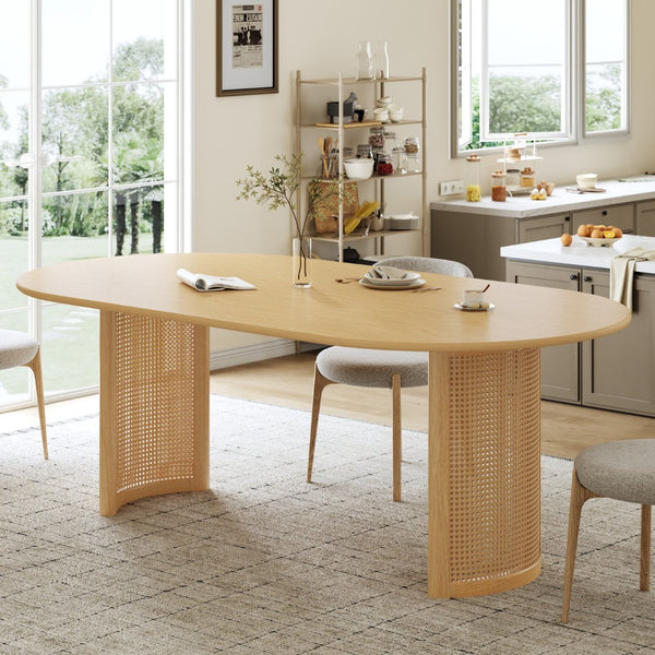 HomeRoots 79" Natural Solid Wood Oval Dining Table with Mirrored Double Pedestal Base for Elegant Gatherings 712136