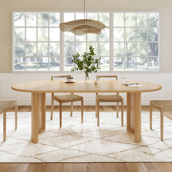 HomeRoots 79" Natural Solid Wood Oval Dining Table with Mirrored Double Pedestal Base for Elegant Gatherings 712136