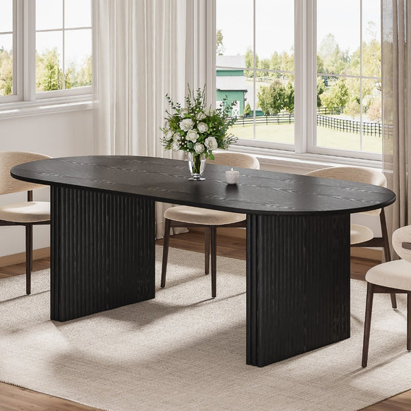 HomeRoots 79" Natural Solid Wood Oval Dining Table with Mirrored Double Pedestal Base for Elegant Spaces 712140