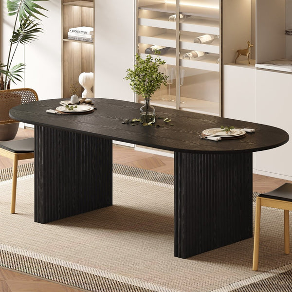 HomeRoots 79" Natural Solid Wood Oval Dining Table with Mirrored Double Pedestal Base for Elegant Spaces 712140