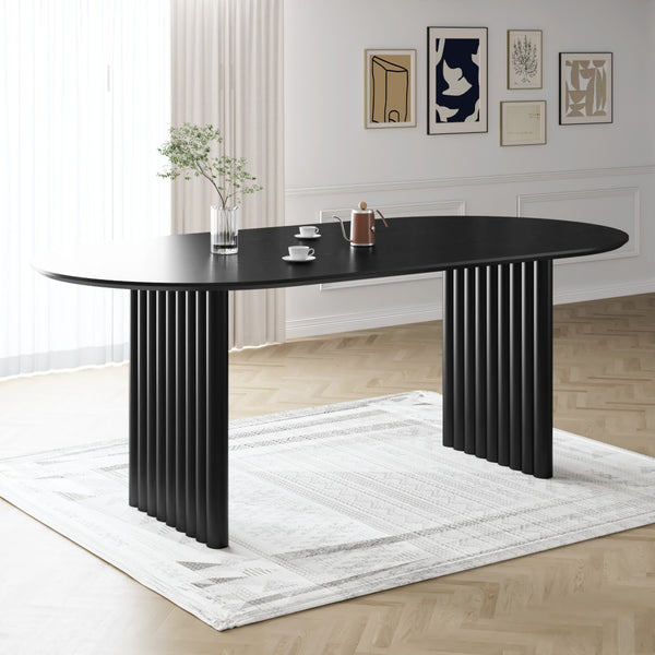 HomeRoots 79" Oval Natural Solid Wood Dining Table with Mirrored Double Pedestal for Modern Living Spaces 712146