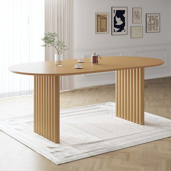 HomeRoots 59" Natural Solid Wood Round Dining Table with Elegant Mirrored Double Pedestal Base for Gatherings 712147