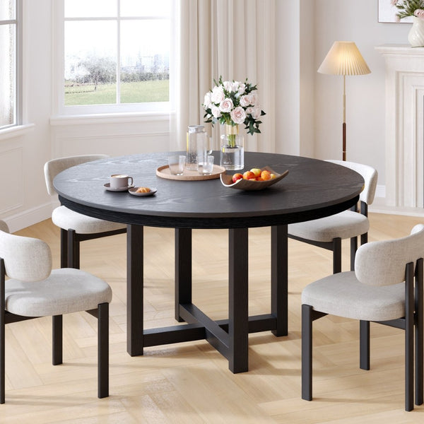 HomeRoots 52" Black Solid Wood Round Dining Table with Elegant Double Pedestal Base for Timeless Style & Durability 712149