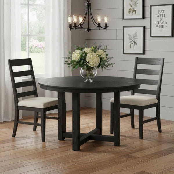 HomeRoots 59" Elegant Black Solid Wood Round Dining Table with Mirrored Double Pedestal Base - Seats 6 Comfortably 712150
