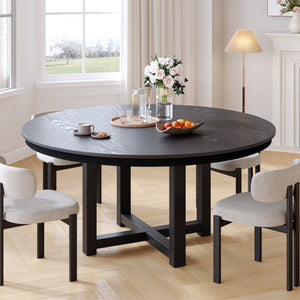 HomeRoots 59" Elegant Black Solid Wood Round Dining Table with Mirrored Double Pedestal Base - Seats 6 Comfortably 712150