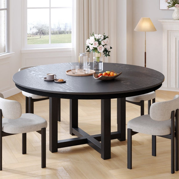 HomeRoots 59" Elegant Black Solid Wood Round Dining Table with Mirrored Double Pedestal Base - Seats 6 Comfortably 712150