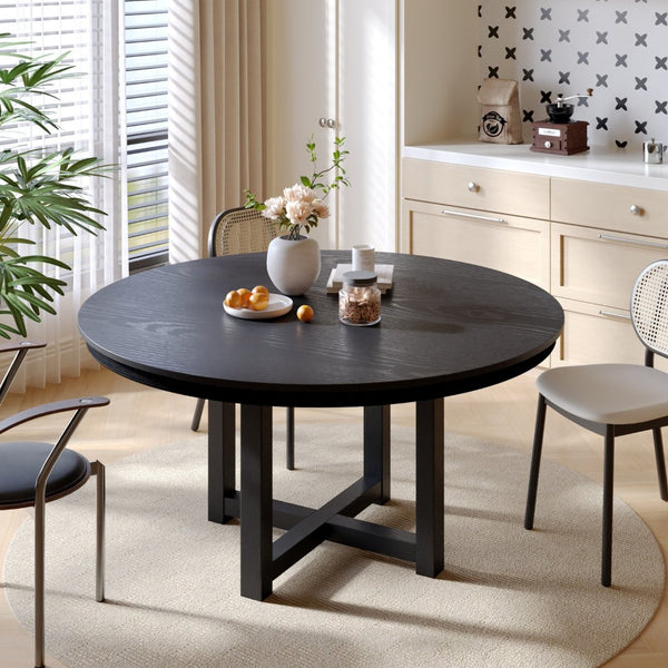 HomeRoots 59" Elegant Black Solid Wood Round Dining Table with Mirrored Double Pedestal Base - Seats 6 Comfortably 712150