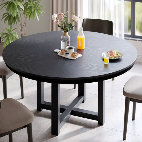 HomeRoots 59" Elegant Black Solid Wood Round Dining Table with Mirrored Double Pedestal Base - Seats 6 Comfortably 712150