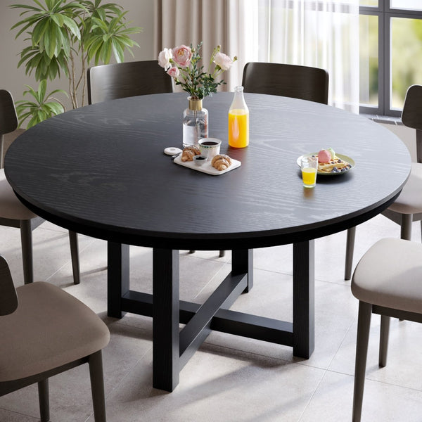 HomeRoots 42" Elegant Black Solid Wood Round Dining Table with Double Pedestal Base for Modern Interiors 712151