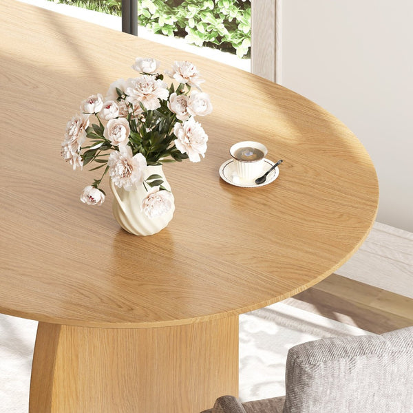 HomeRoots 67" Natural Solid Oak Oval Dining Table with Mirrored Double Pedestal Base - Elegant & Versatile Design 712155